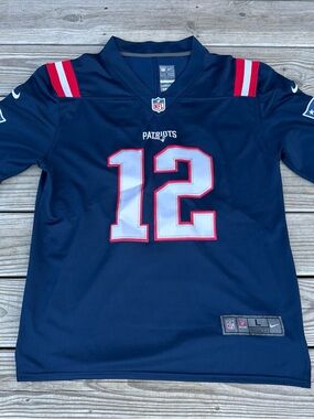 Nike Navy, White & Red Patriots #12 Football Jersey